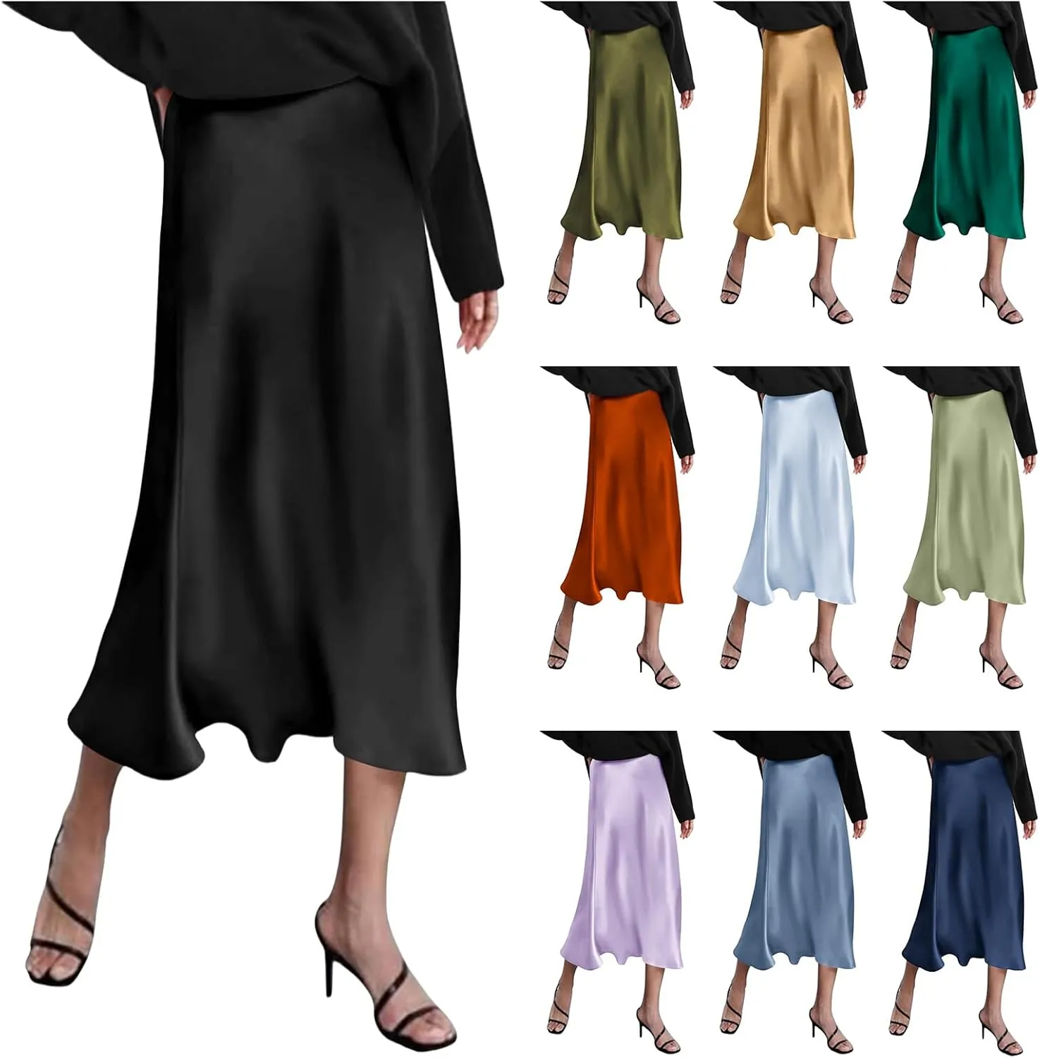 Womens Long Satin Skirt Silk Elegant High Waist Cocktail Party Wedding Mermaid Satin Maxi Skirts A-line Midi Skirt