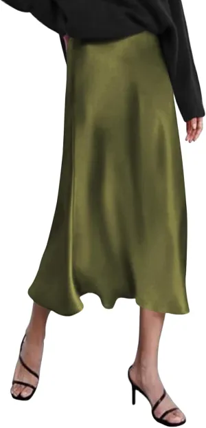 Womens Long Satin Skirt Silk Elegant High Waist Cocktail Party Wedding Mermaid Satin Maxi Skirts A-line Midi Skirt