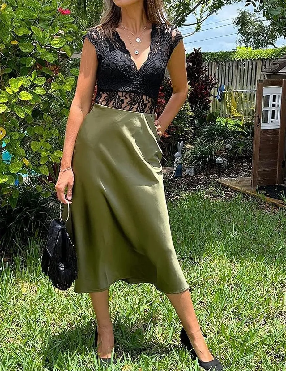 Womens Long Satin Skirt Silk Elegant High Waist Cocktail Party Wedding Mermaid Satin Maxi Skirts A-line Midi Skirt