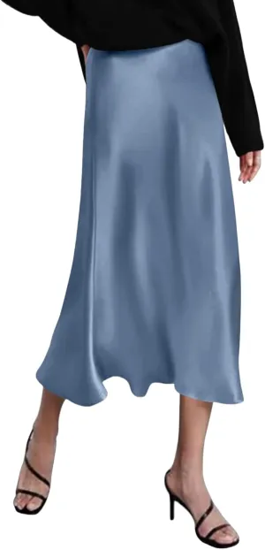 Womens Long Satin Skirt Silk Elegant High Waist Cocktail Party Wedding Mermaid Satin Maxi Skirts A-line Midi Skirt