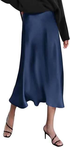 Womens Long Satin Skirt Silk Elegant High Waist Cocktail Party Wedding Mermaid Satin Maxi Skirts A-line Midi Skirt