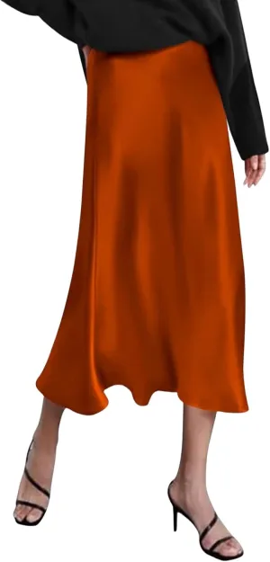 Womens Long Satin Skirt Silk Elegant High Waist Cocktail Party Wedding Mermaid Satin Maxi Skirts A-line Midi Skirt