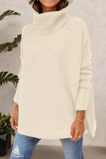 Women's Oversized Turtleneck Sweaters Fall Drop Shoulder Long Sleeve Knit Tops Trendy Casual Slit Soft Comfy Pullover Sweater