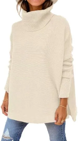 Women's Oversized Turtleneck Sweaters Fall Drop Shoulder Long Sleeve Knit Tops Trendy Casual Slit Soft Comfy Pullover Sweater