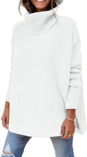 Women's Oversized Turtleneck Sweaters Fall Drop Shoulder Long Sleeve Knit Tops Trendy Casual Slit Soft Comfy Pullover Sweater