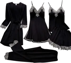 Womens Pajamas Set Deep-V Lace Neck Bodysuit Women Robes Underwear 5- Garter Set Lingerie Sexy Women's Lounge Wear