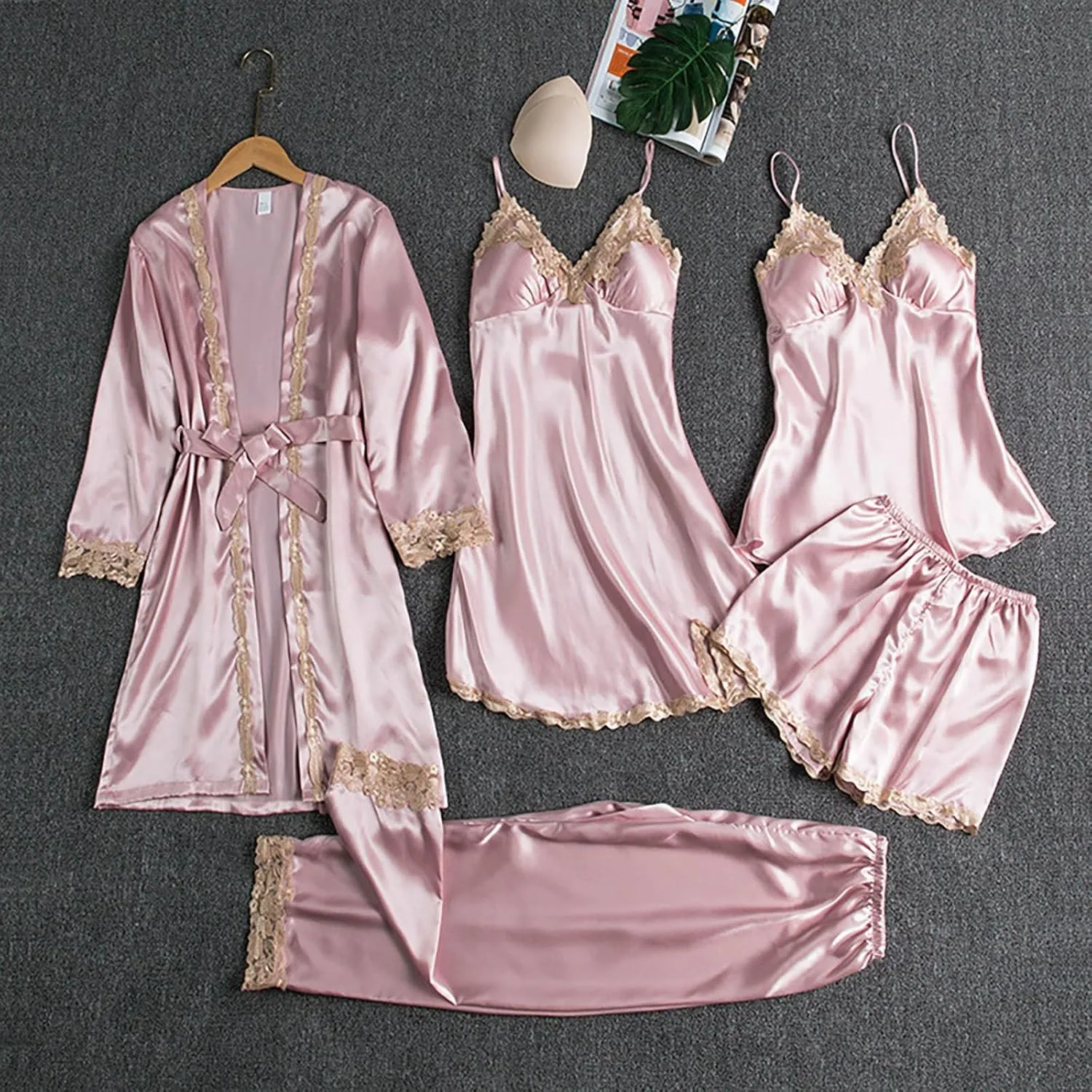 Womens Pajamas Set Deep-V Lace Neck Bodysuit Women Robes Underwear 5- Garter Set Lingerie Sexy Women's Lounge Wear