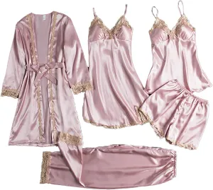 Womens Pajamas Set Deep-V Lace Neck Bodysuit Women Robes Underwear 5- Garter Set Lingerie Sexy Women's Lounge Wear
