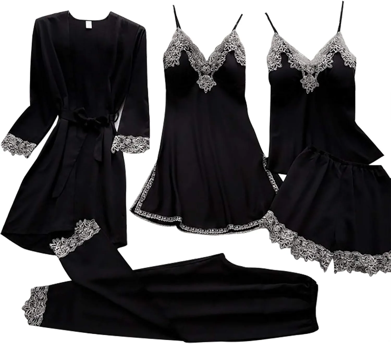 Womens Pajamas Set Deep-V Lace Neck Bodysuit Women Robes Underwear 5- Garter Set Lingerie Sexy Women's Lounge Wear