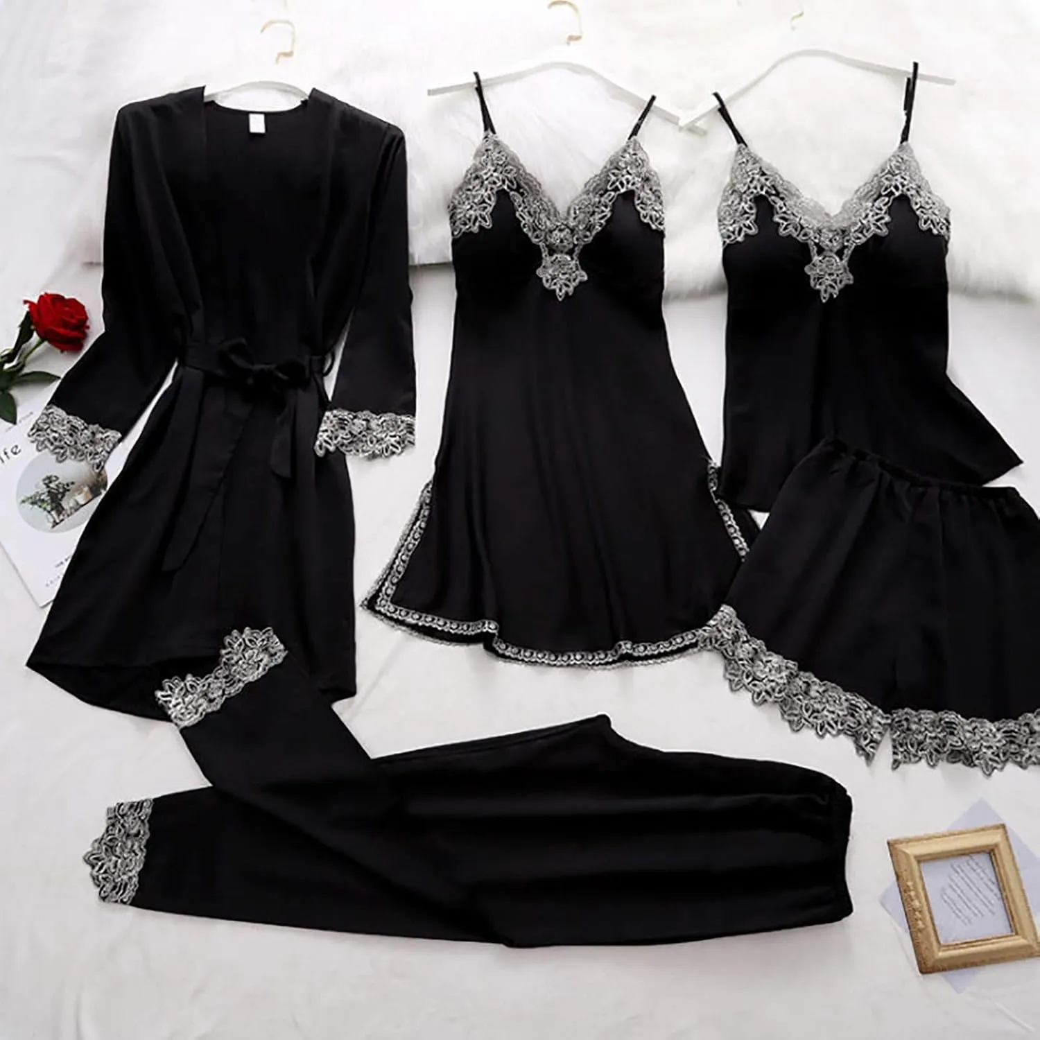Womens Pajamas Set Deep-V Lace Neck Bodysuit Women Robes Underwear 5- Garter Set Lingerie Sexy Women's Lounge Wear