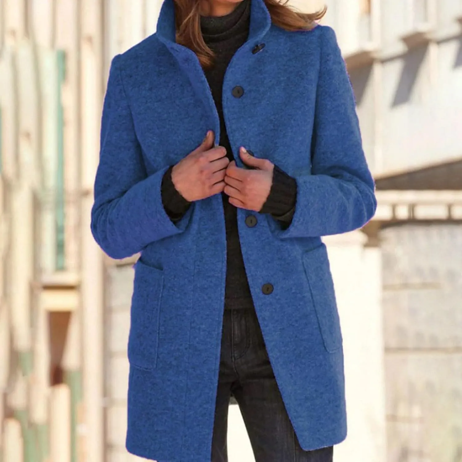 Womens Pea Coat Elegant Overcoat Single Breasted Winter Coat Dress Coat with Pockets