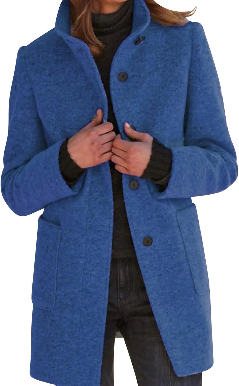 Womens Pea Coat Elegant Overcoat Single Breasted Winter Coat Dress Coat with Pockets