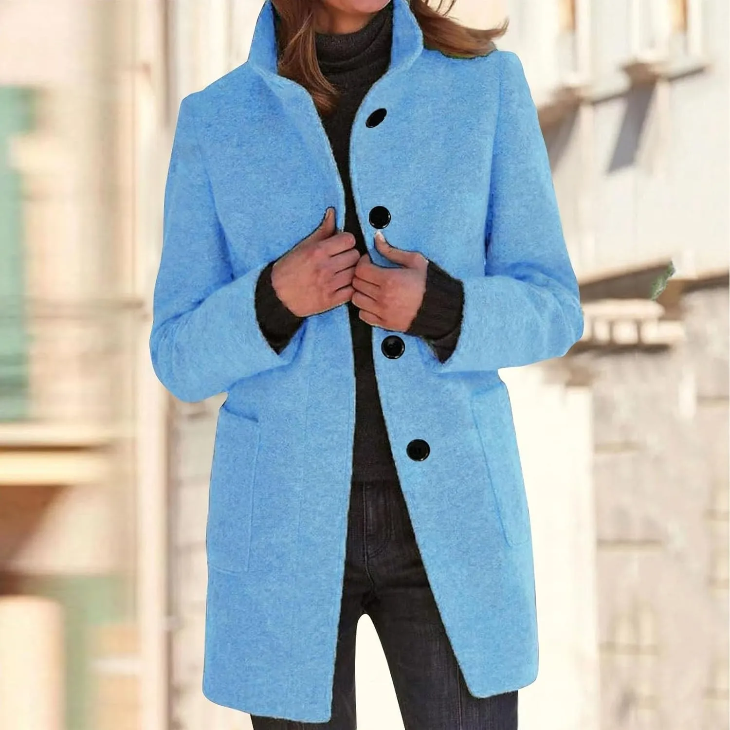 Womens Pea Coat Elegant Overcoat Single Breasted Winter Coat Dress Coat with Pockets