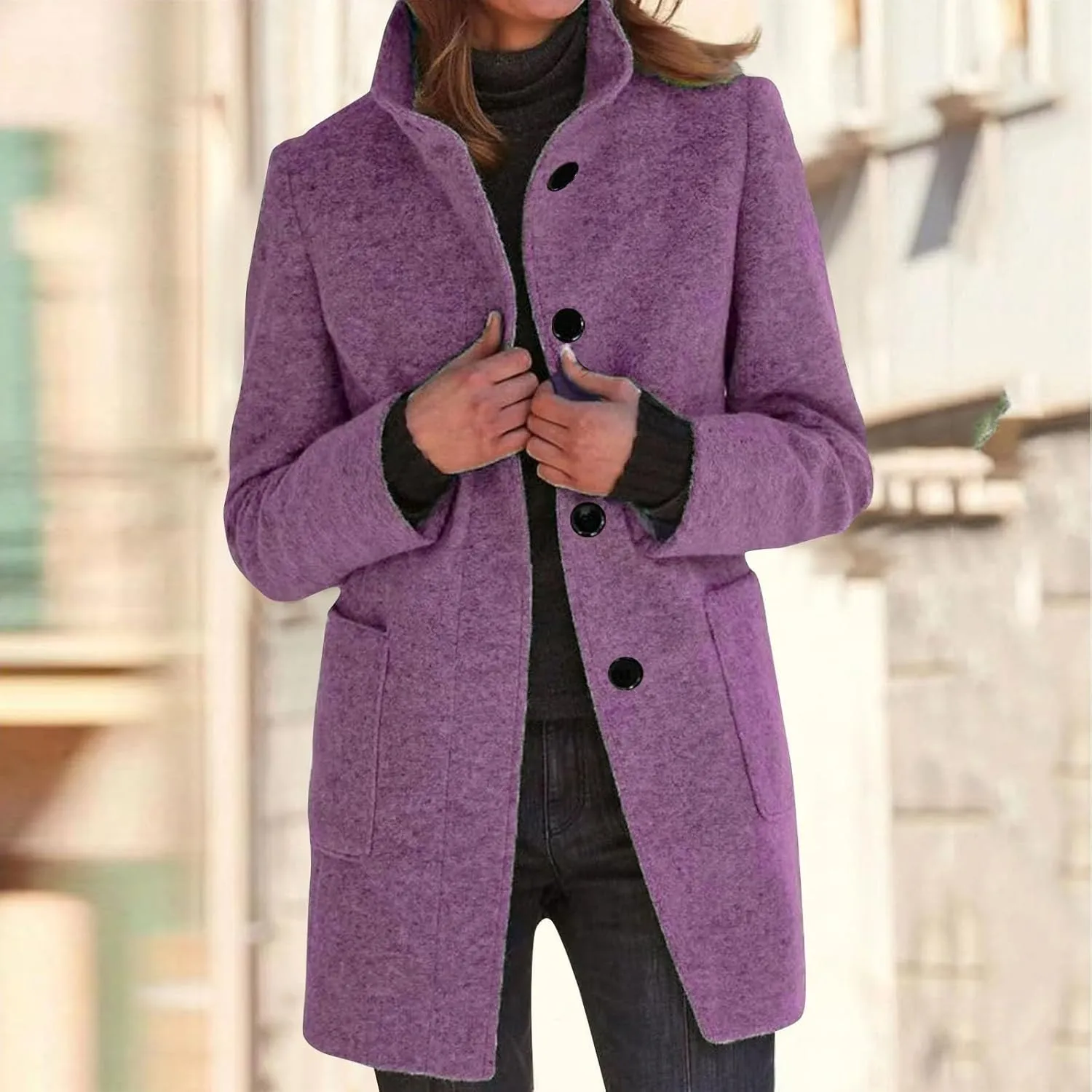 Womens Pea Coat Elegant Overcoat Single Breasted Winter Coat Dress Coat with Pockets
