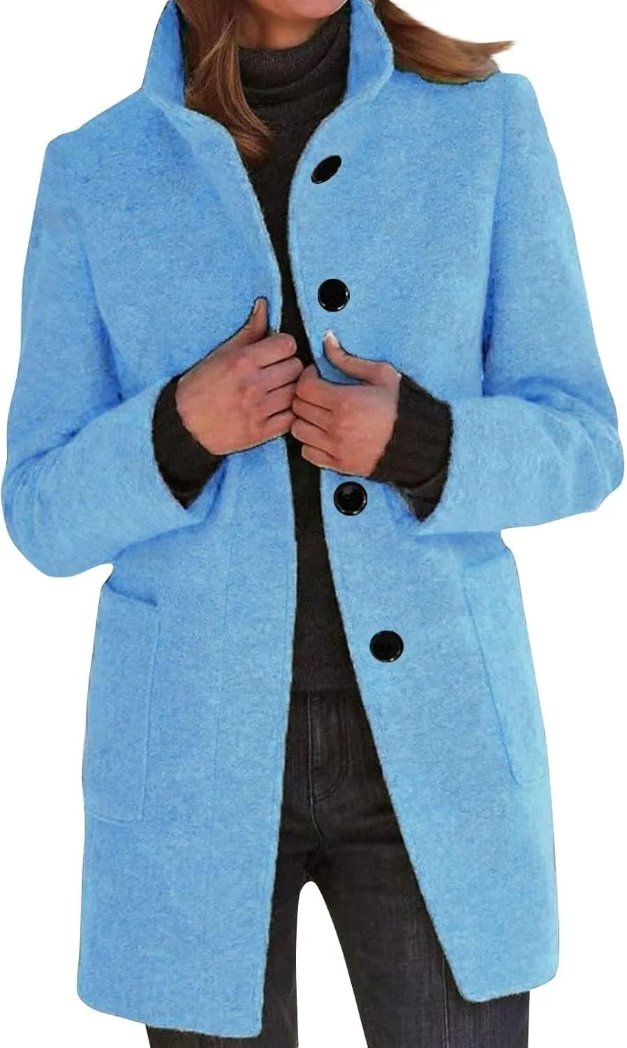 Womens Pea Coat Elegant Overcoat Single Breasted Winter Coat Dress Coat with Pockets