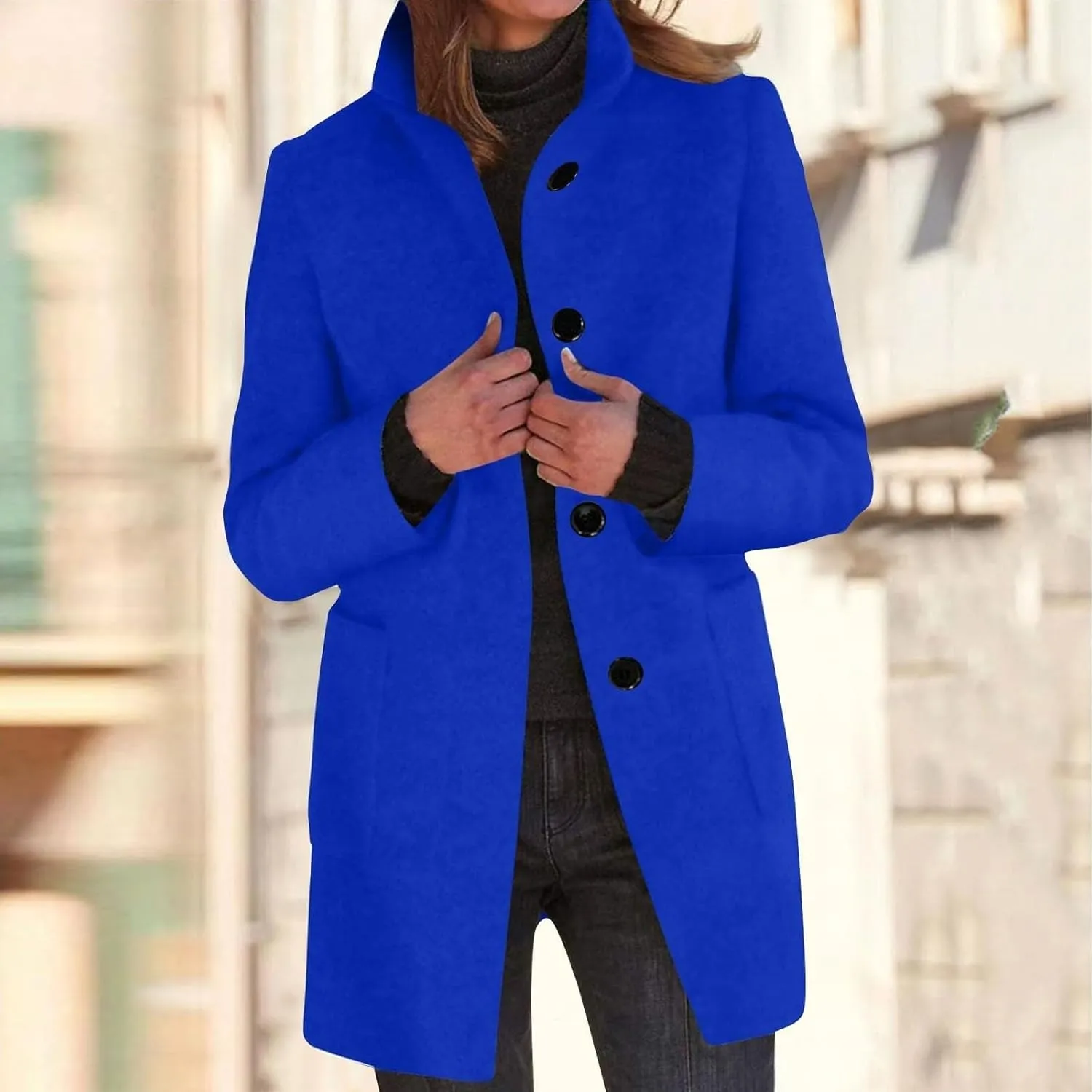 Womens Pea Coat Elegant Overcoat Single Breasted Winter Coat Dress Coat with Pockets