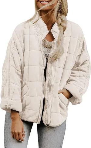 Women'S Quilted Lightweight Jackets Fall Casual Puffer Jacket Warm Winter Bomber Coats Oversized Outerwear Pockets