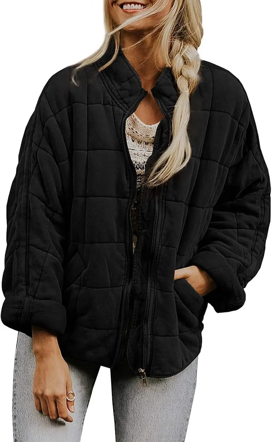 Women'S Quilted Lightweight Jackets Fall Casual Puffer Jacket Warm Winter Bomber Coats Oversized Outerwear Pockets