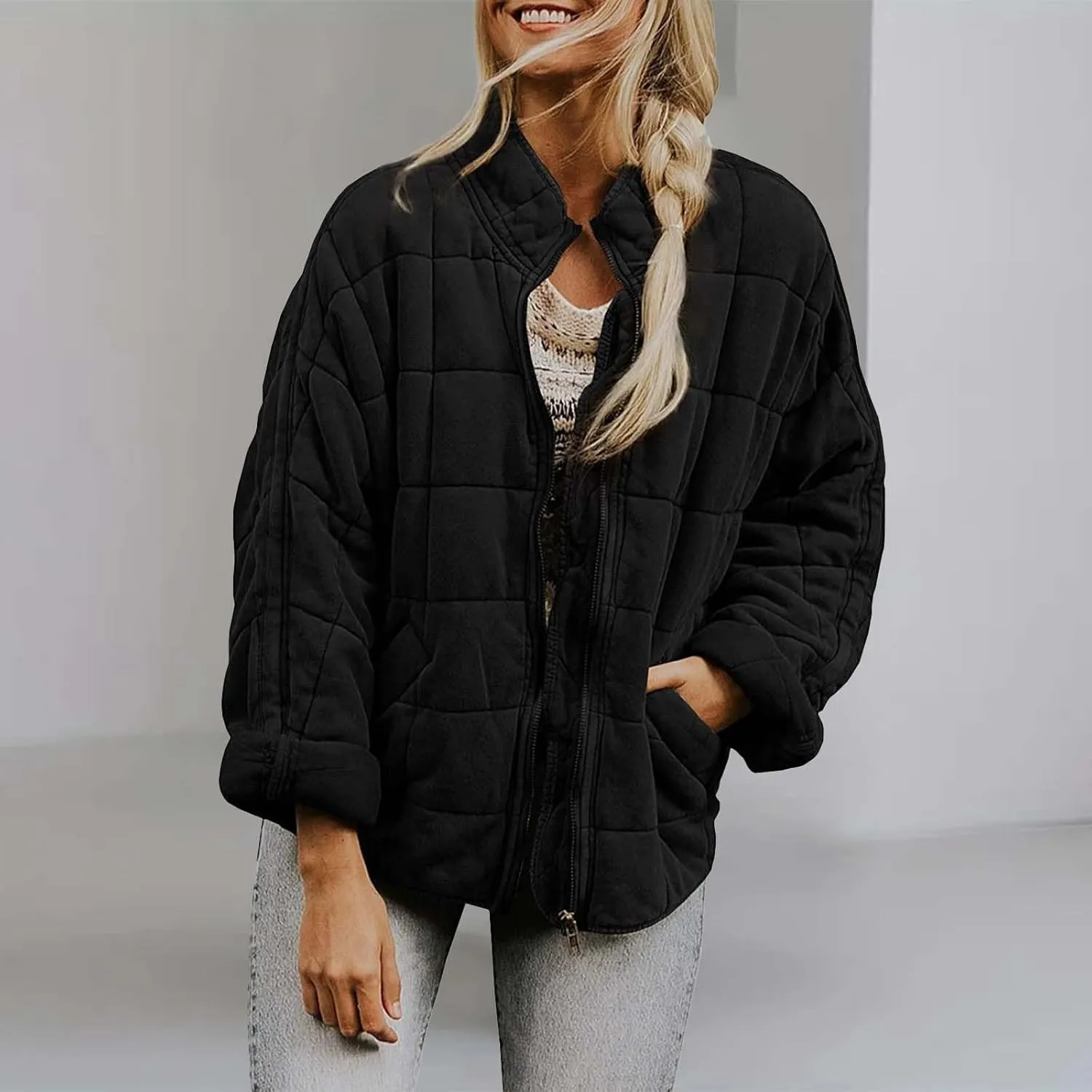 Women'S Quilted Lightweight Jackets Fall Casual Puffer Jacket Warm Winter Bomber Coats Oversized Outerwear Pockets