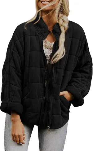 Women'S Quilted Lightweight Jackets Fall Casual Puffer Jacket Warm Winter Bomber Coats Oversized Outerwear Pockets