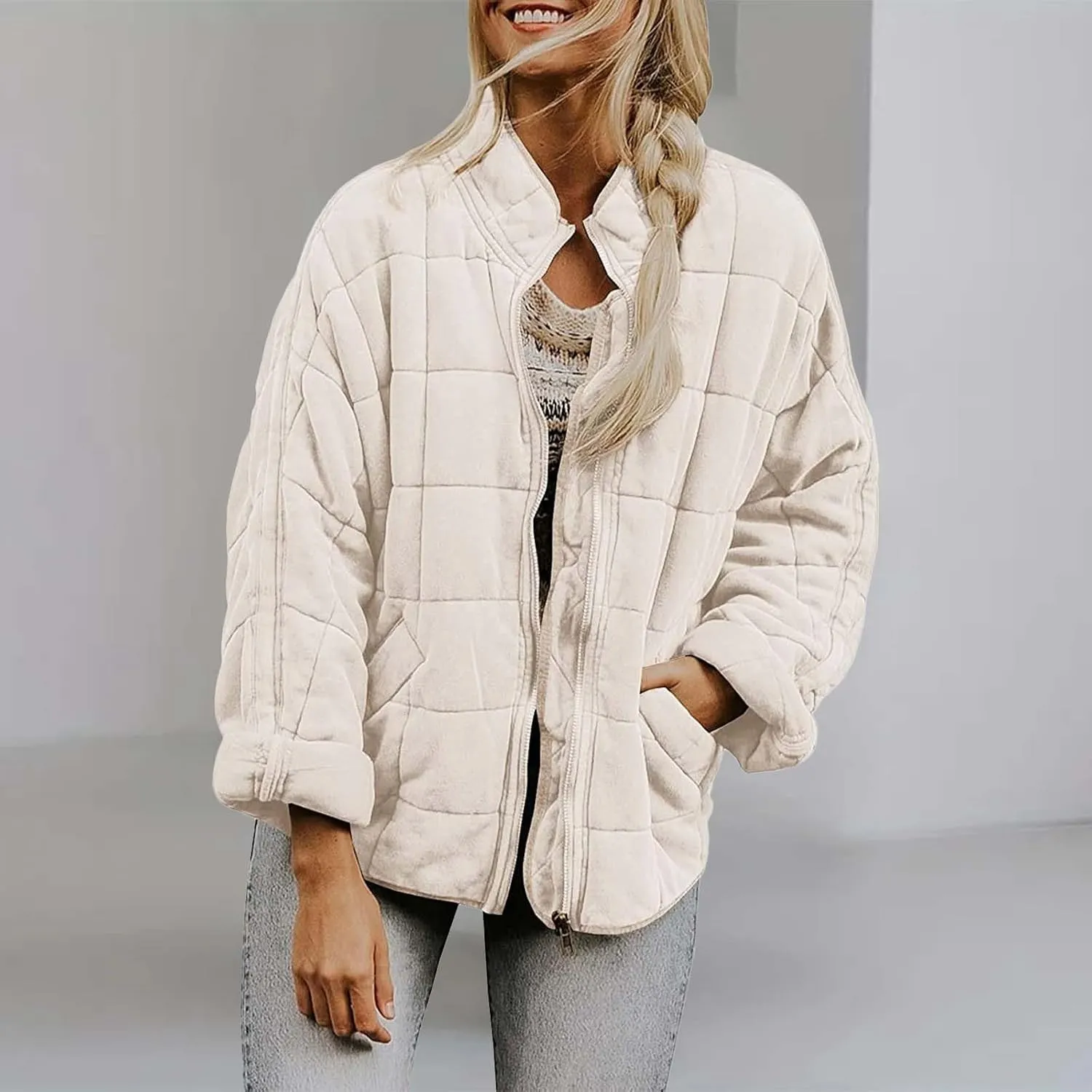 Women'S Quilted Lightweight Jackets Fall Casual Puffer Jacket Warm Winter Bomber Coats Oversized Outerwear Pockets