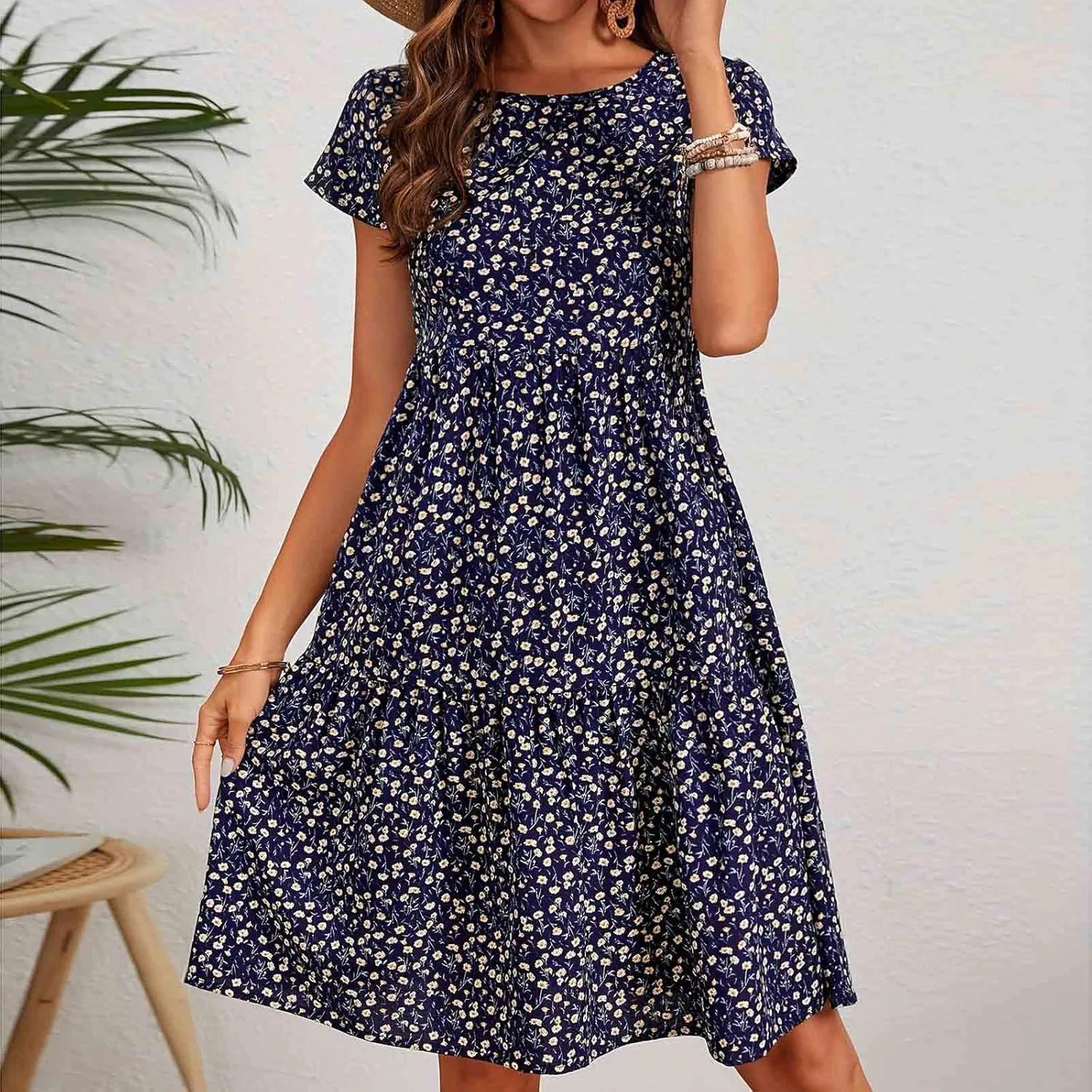 Womens Ruffles Floral Boho Dress Loose Swing Casual Short Mini T-Shirt Dresses Flutter Short Sleeve Babydoll Dress