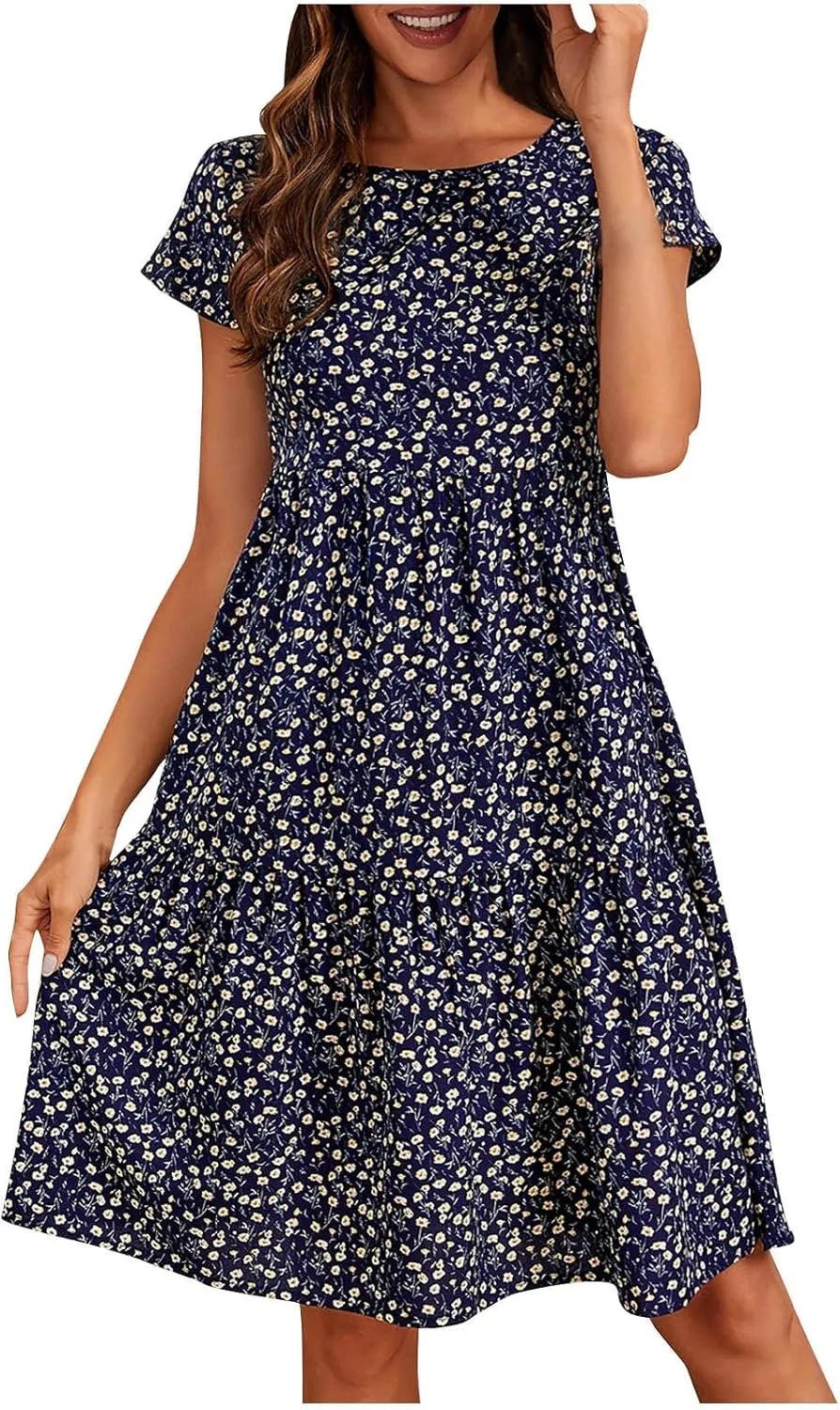 Womens Ruffles Floral Boho Dress Loose Swing Casual Short Mini T-Shirt Dresses Flutter Short Sleeve Babydoll Dress