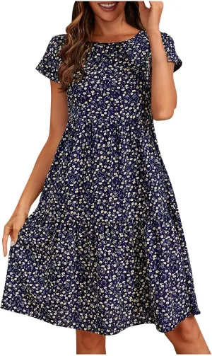 Womens Ruffles Floral Boho Dress Loose Swing Casual Short Mini T-Shirt Dresses Flutter Short Sleeve Babydoll Dress