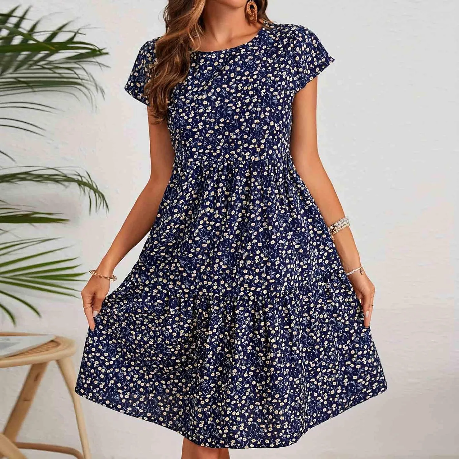 Womens Ruffles Floral Boho Dress Loose Swing Casual Short Mini T-Shirt Dresses Flutter Short Sleeve Babydoll Dress