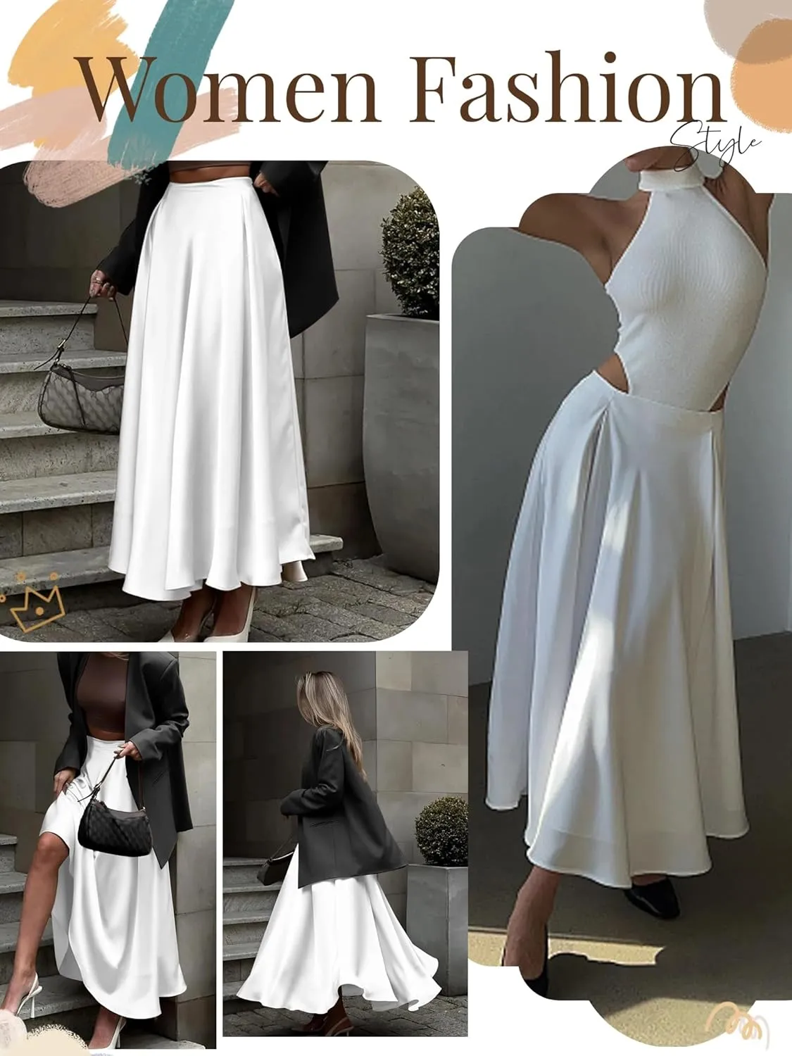 Womens Satin High Waist Elastic Midi Skirt Satin Maxi Skirt Silk Elegant Long Trendy A-Line Midi Skirts