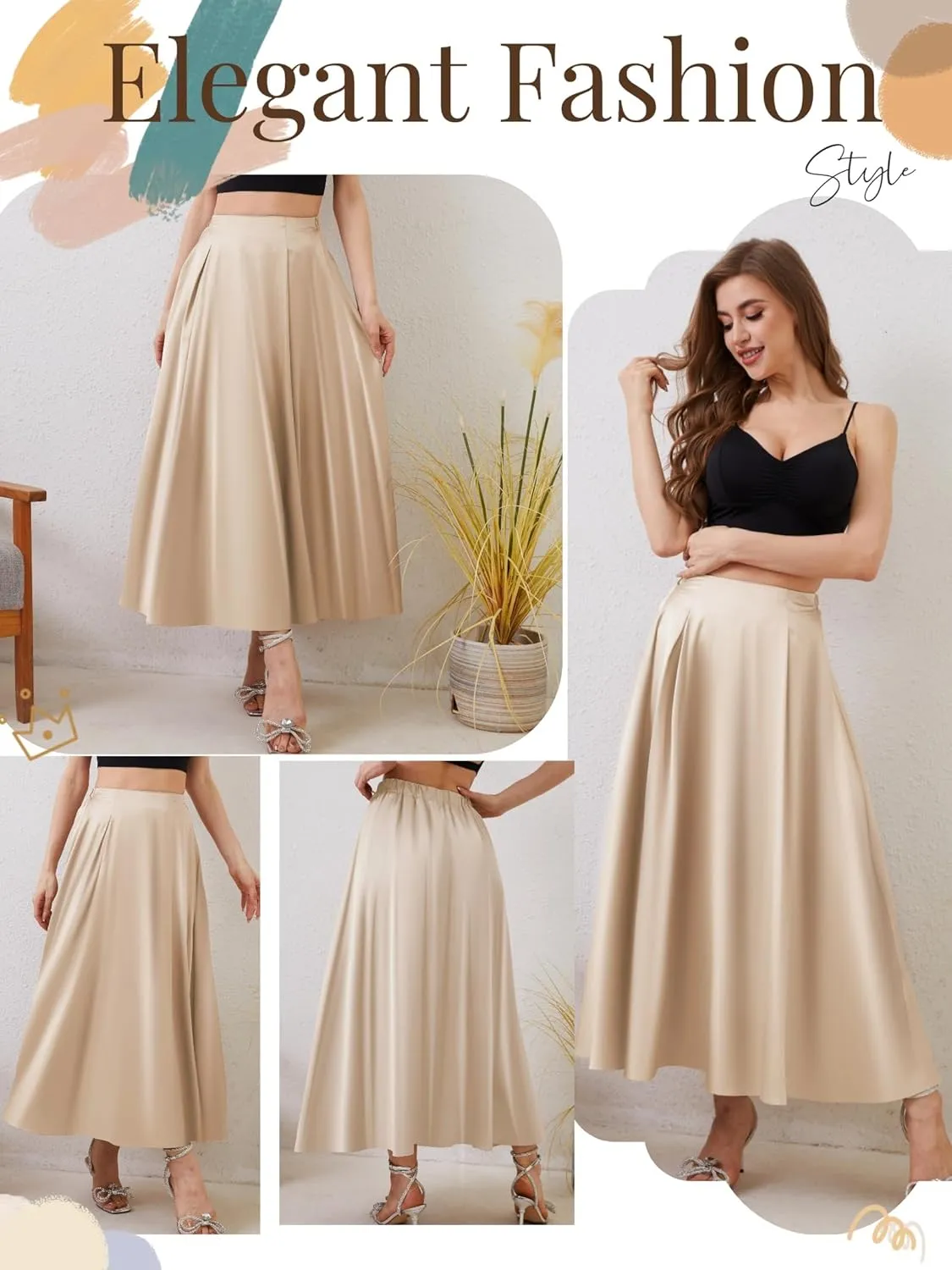 Womens Satin High Waist Elastic Midi Skirt Satin Maxi Skirt Silk Elegant Long Trendy A-Line Midi Skirts