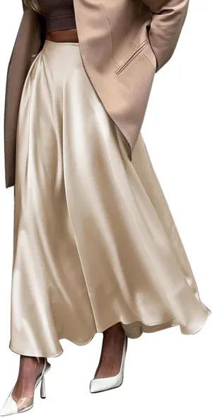 Womens Satin High Waist Elastic Midi Skirt Satin Maxi Skirt Silk Elegant Long Trendy A-Line Midi Skirts