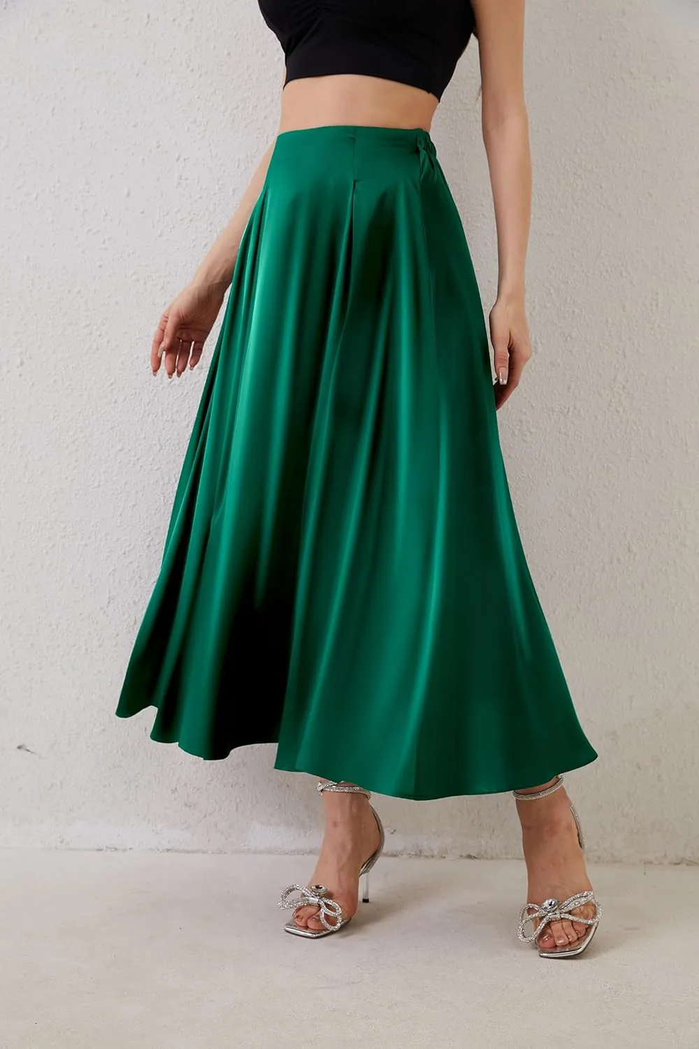 Womens Satin High Waist Elastic Midi Skirt Satin Maxi Skirt Silk Elegant Long Trendy A-Line Midi Skirts