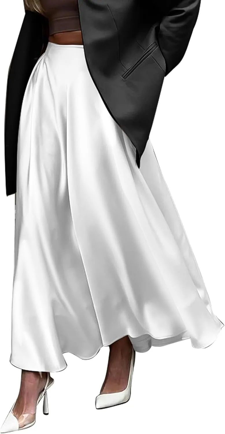 Womens Satin High Waist Elastic Midi Skirt Satin Maxi Skirt Silk Elegant Long Trendy A-Line Midi Skirts