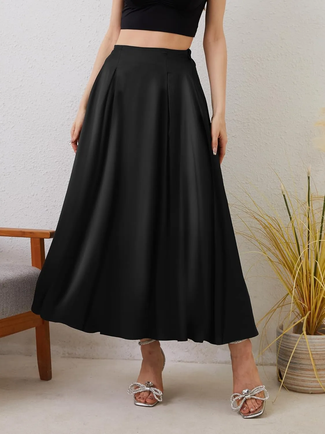 Womens Satin High Waist Elastic Midi Skirt Satin Maxi Skirt Silk Elegant Long Trendy A-Line Midi Skirts