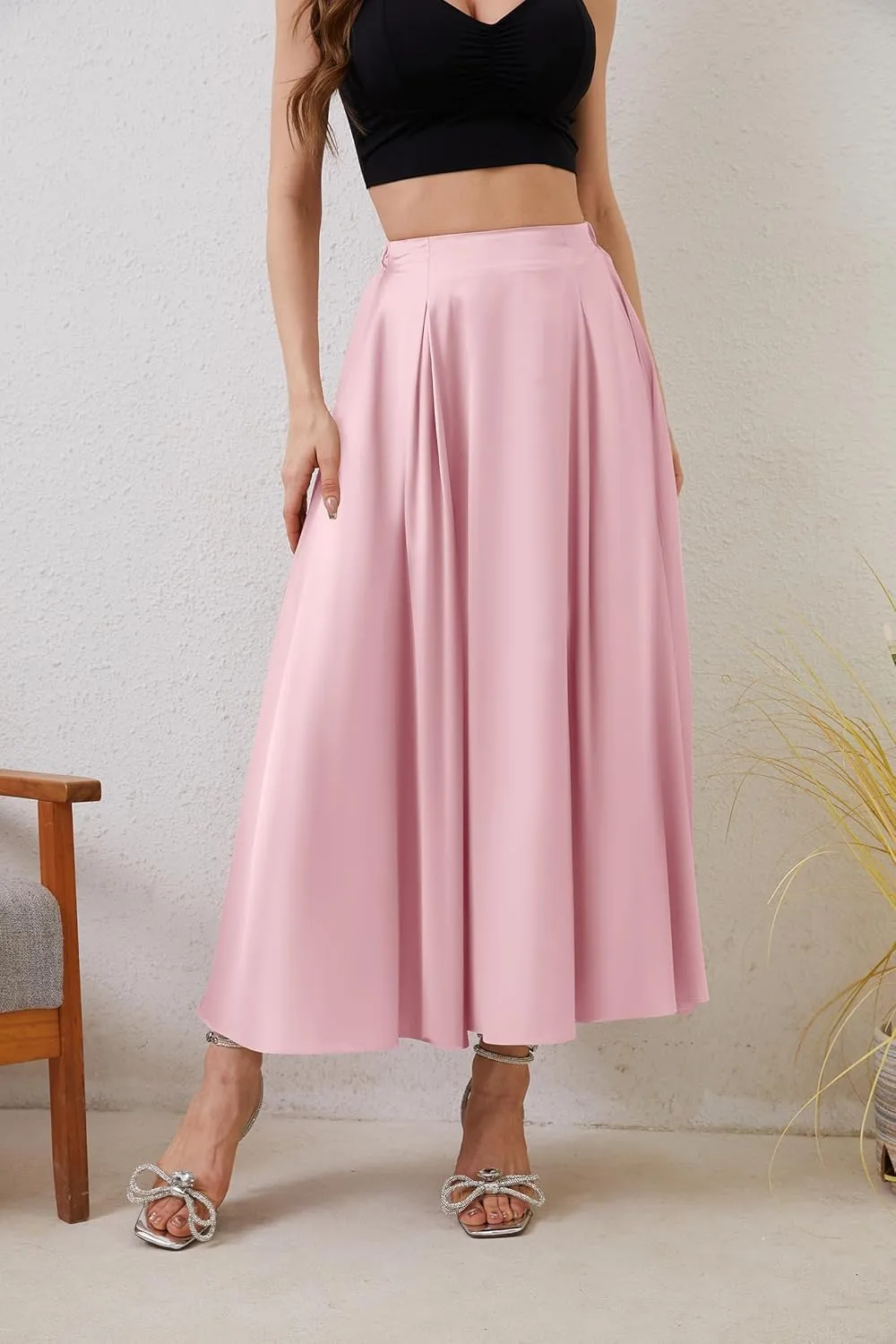 Womens Satin High Waist Elastic Midi Skirt Satin Maxi Skirt Silk Elegant Long Trendy A-Line Midi Skirts