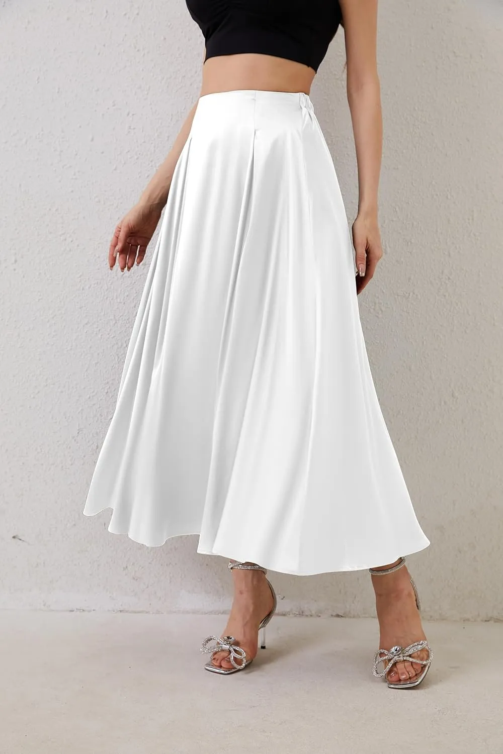 Womens Satin High Waist Elastic Midi Skirt Satin Maxi Skirt Silk Elegant Long Trendy A-Line Midi Skirts
