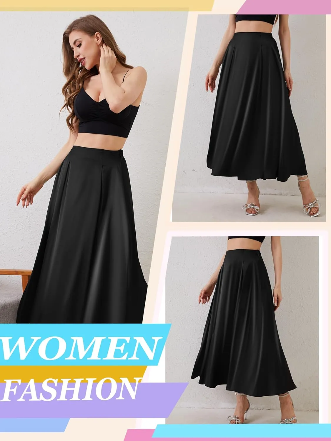 Womens Satin High Waist Elastic Midi Skirt Satin Maxi Skirt Silk Elegant Long Trendy A-Line Midi Skirts