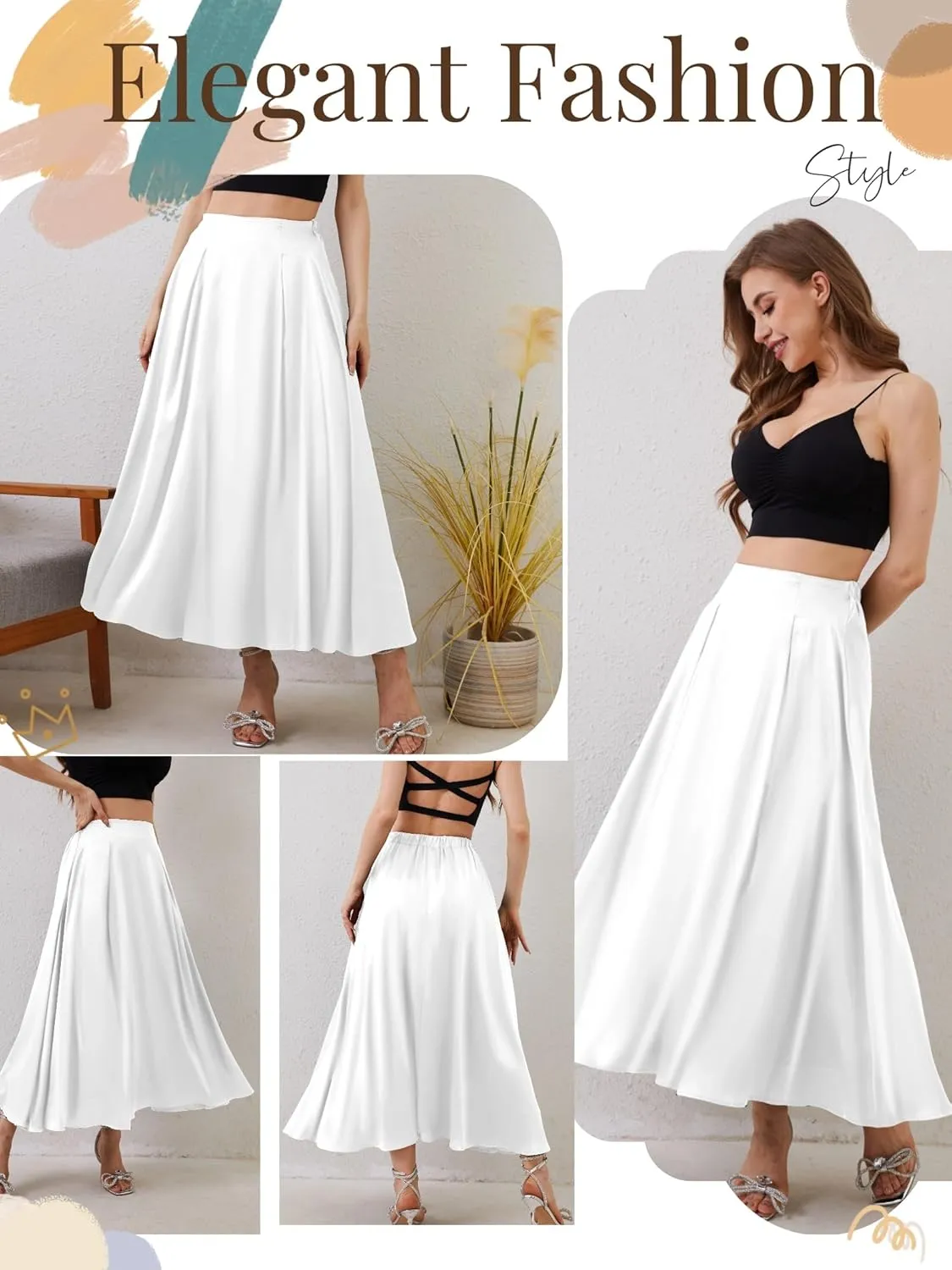 Womens Satin High Waist Elastic Midi Skirt Satin Maxi Skirt Silk Elegant Long Trendy A-Line Midi Skirts