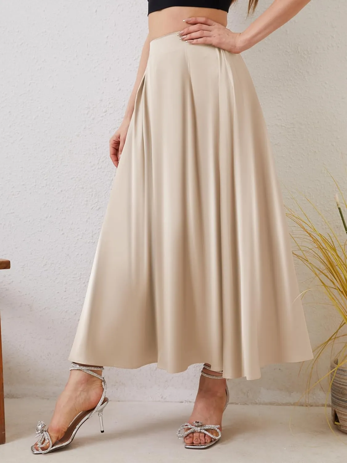 Womens Satin High Waist Elastic Midi Skirt Satin Maxi Skirt Silk Elegant Long Trendy A-Line Midi Skirts