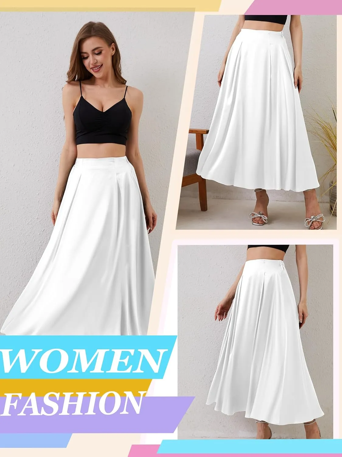 Womens Satin High Waist Elastic Midi Skirt Satin Maxi Skirt Silk Elegant Long Trendy A-Line Midi Skirts