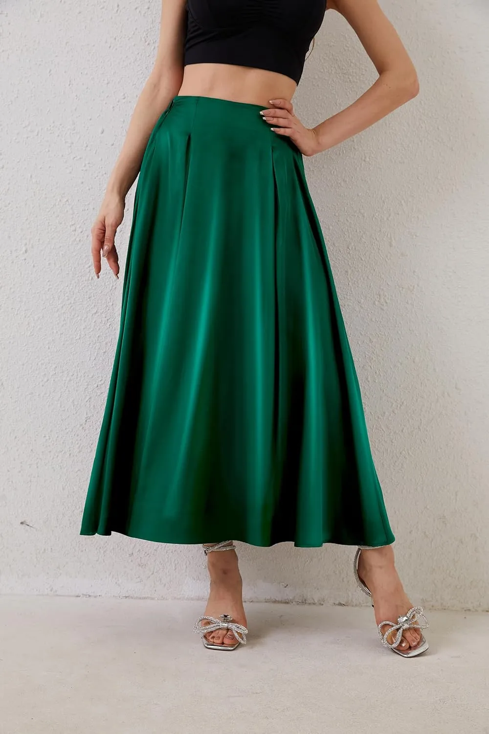 Womens Satin High Waist Elastic Midi Skirt Satin Maxi Skirt Silk Elegant Long Trendy A-Line Midi Skirts