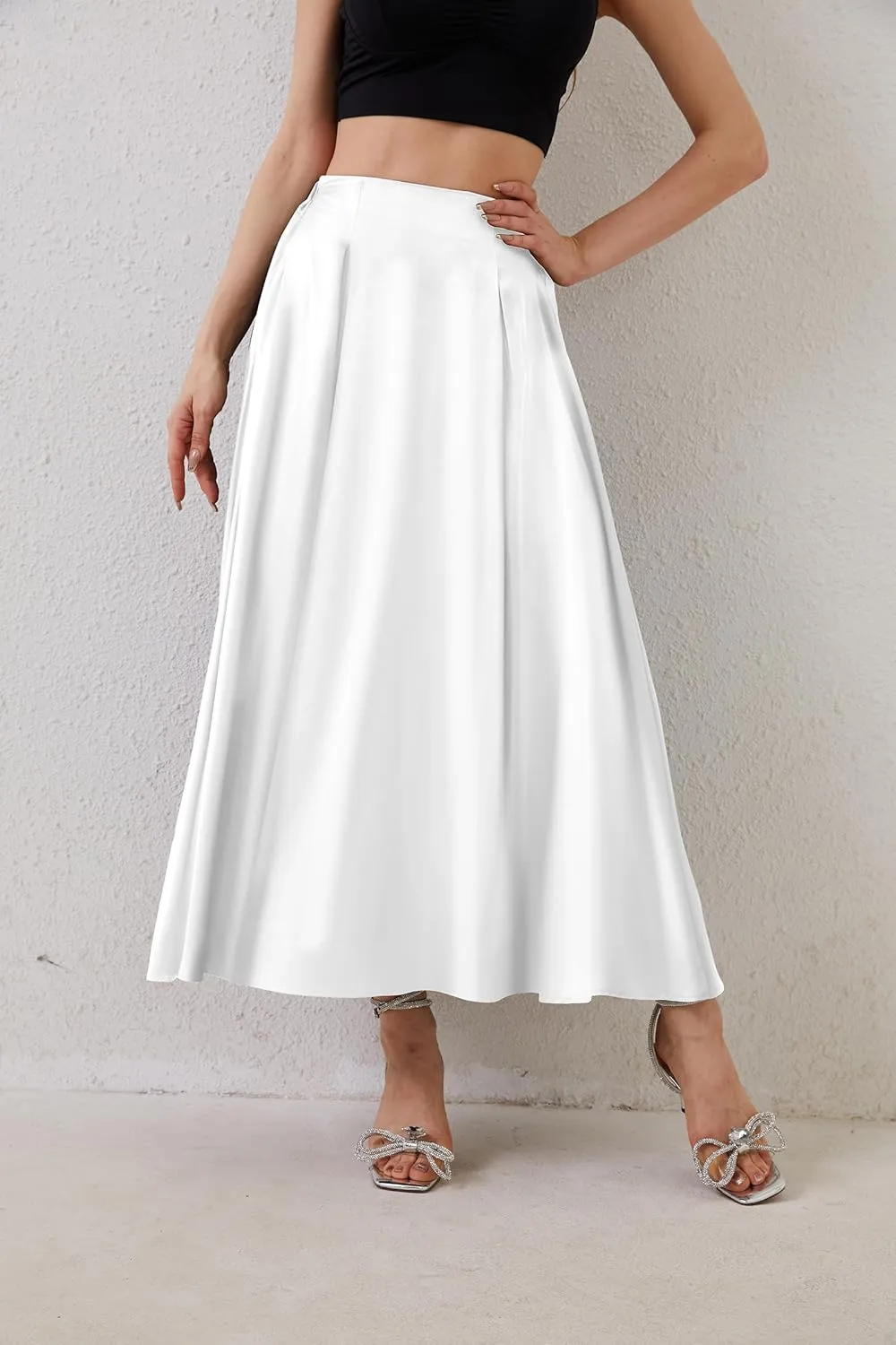 Womens Satin High Waist Elastic Midi Skirt Satin Maxi Skirt Silk Elegant Long Trendy A-Line Midi Skirts