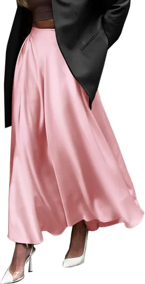 Womens Satin High Waist Elastic Midi Skirt Satin Maxi Skirt Silk Elegant Long Trendy A-Line Midi Skirts