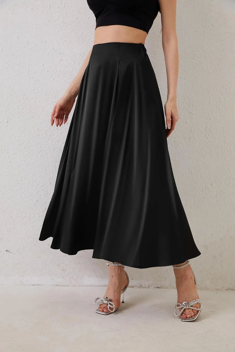 Womens Satin High Waist Elastic Midi Skirt Satin Maxi Skirt Silk Elegant Long Trendy A-Line Midi Skirts