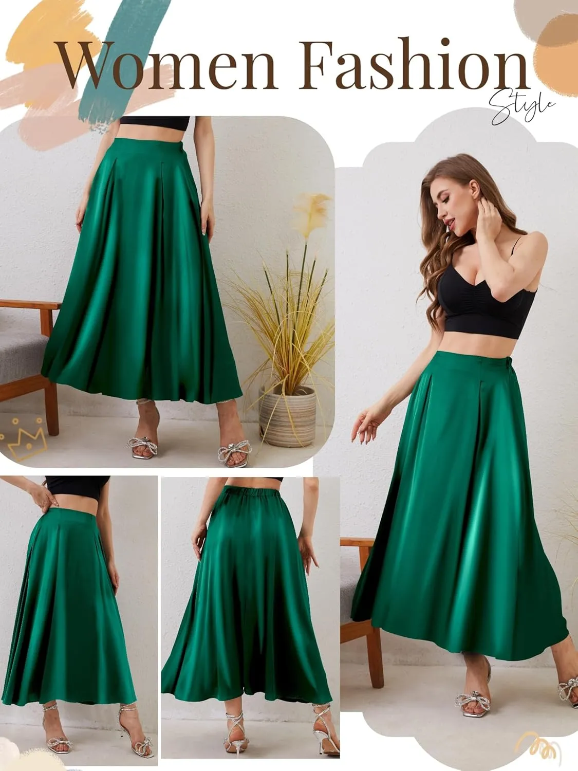 Womens Satin High Waist Elastic Midi Skirt Satin Maxi Skirt Silk Elegant Long Trendy A-Line Midi Skirts