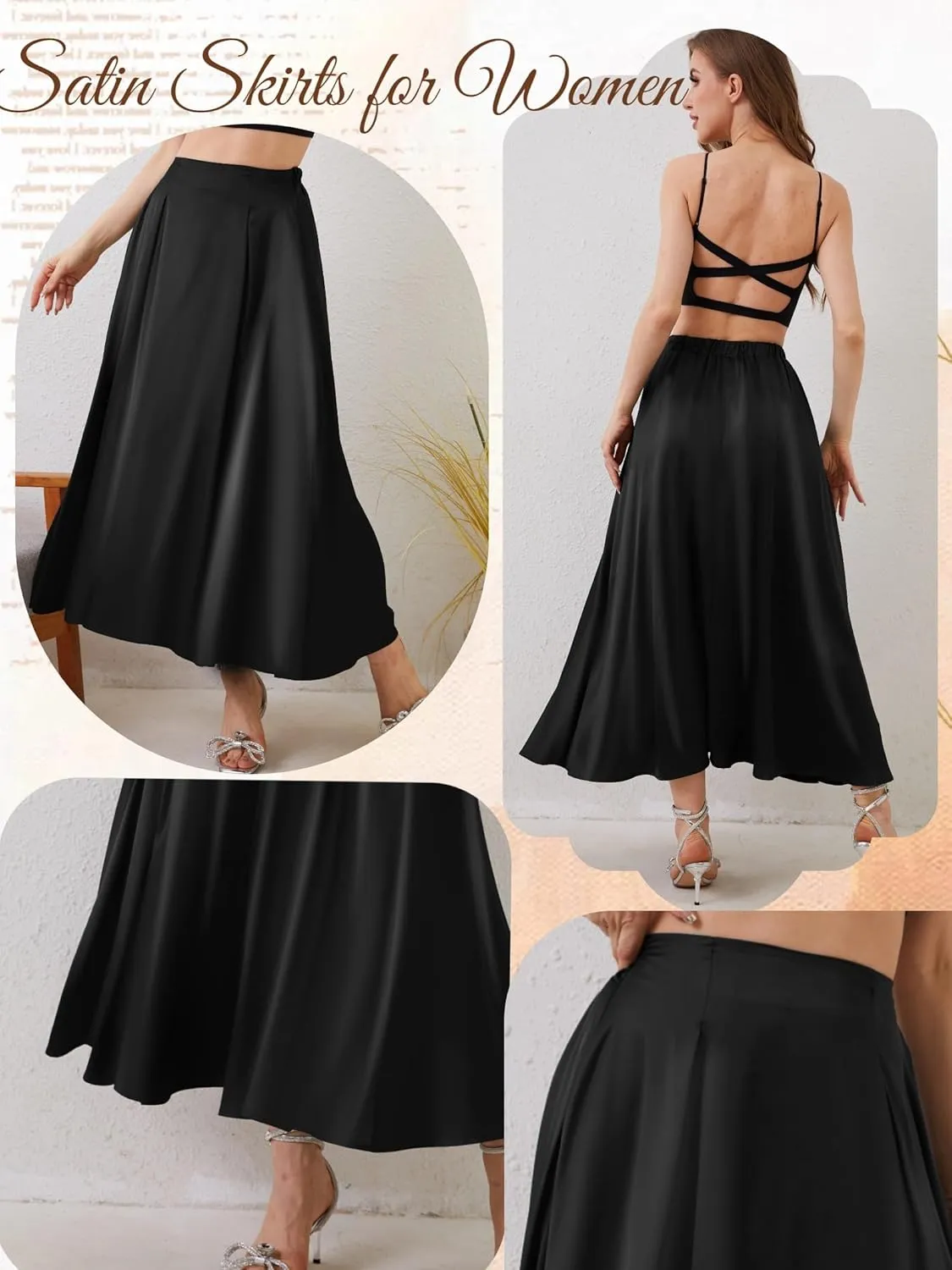 Womens Satin High Waist Elastic Midi Skirt Satin Maxi Skirt Silk Elegant Long Trendy A-Line Midi Skirts