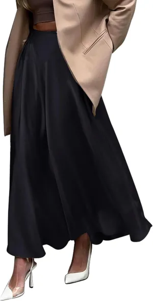 Womens Satin High Waist Elastic Midi Skirt Satin Maxi Skirt Silk Elegant Long Trendy A-Line Midi Skirts