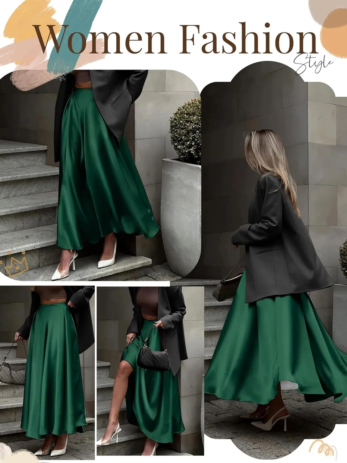 Womens Satin High Waist Elastic Midi Skirt Satin Maxi Skirt Silk Elegant Long Trendy A-Line Midi Skirts