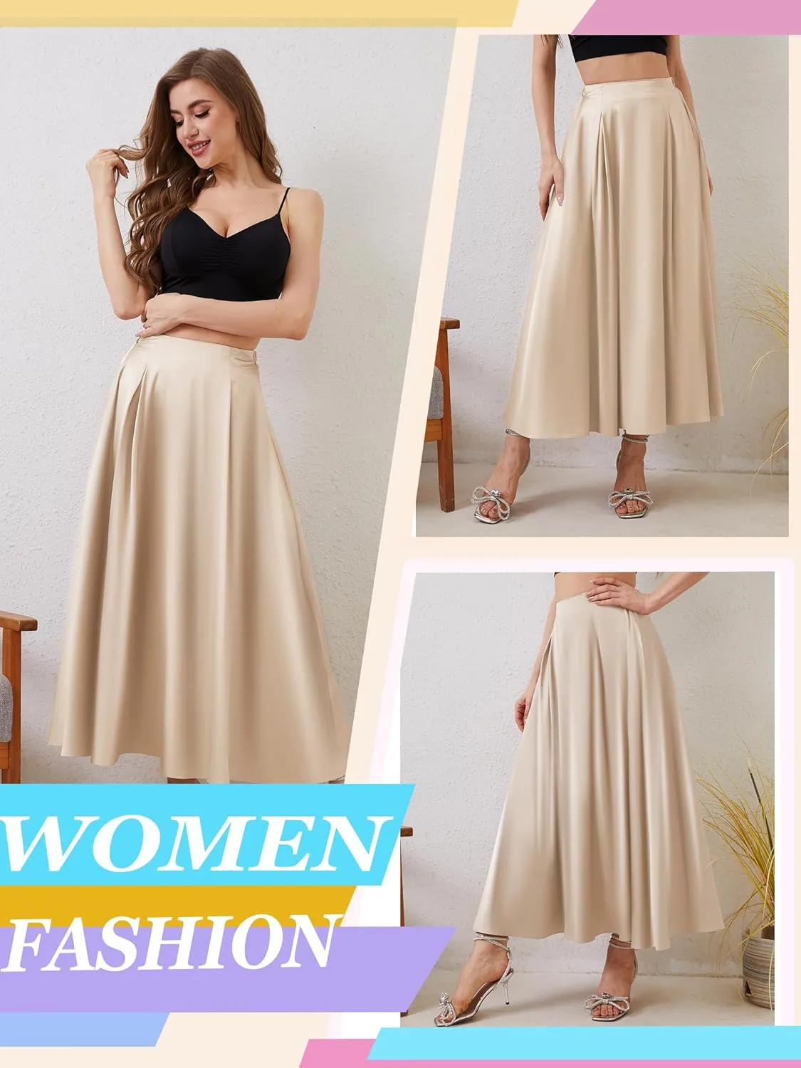 Womens Satin High Waist Elastic Midi Skirt Satin Maxi Skirt Silk Elegant Long Trendy A-Line Midi Skirts